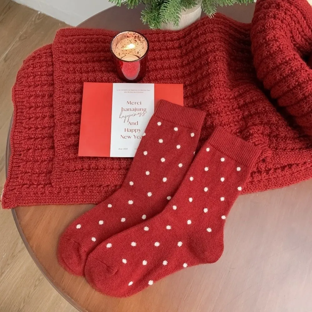 

Unisex Vibrant Red Noodle Patterned Socks Thickened Comfortable Polka Dot Socks Warm Woolen Thick Socks Autumn Winter
