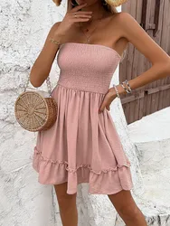 Women's Summer Gradient Smocked Strapless Mini Dresses Casual Beach Tube Top Dress Ruffled hemline Pink Sexy  Strapless Dress