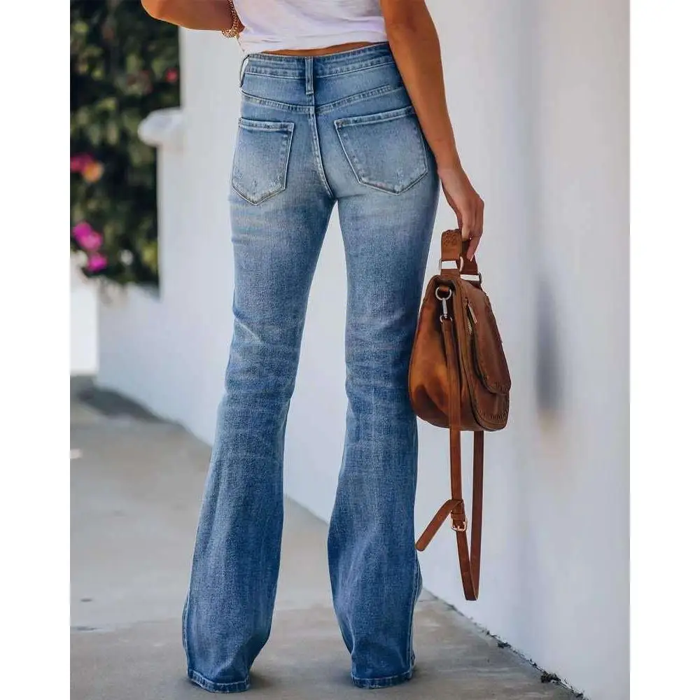 Cintura alta elástica micro flare jeans calças compridas femininas casual algodão cor azul marca quantum emaranhado