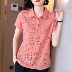 Casual Solid Color Loose Blouse Women's Clothing Commute Hollow Out Summer Short Sleeve Fashion Polo-Neck Korean Button Shirt