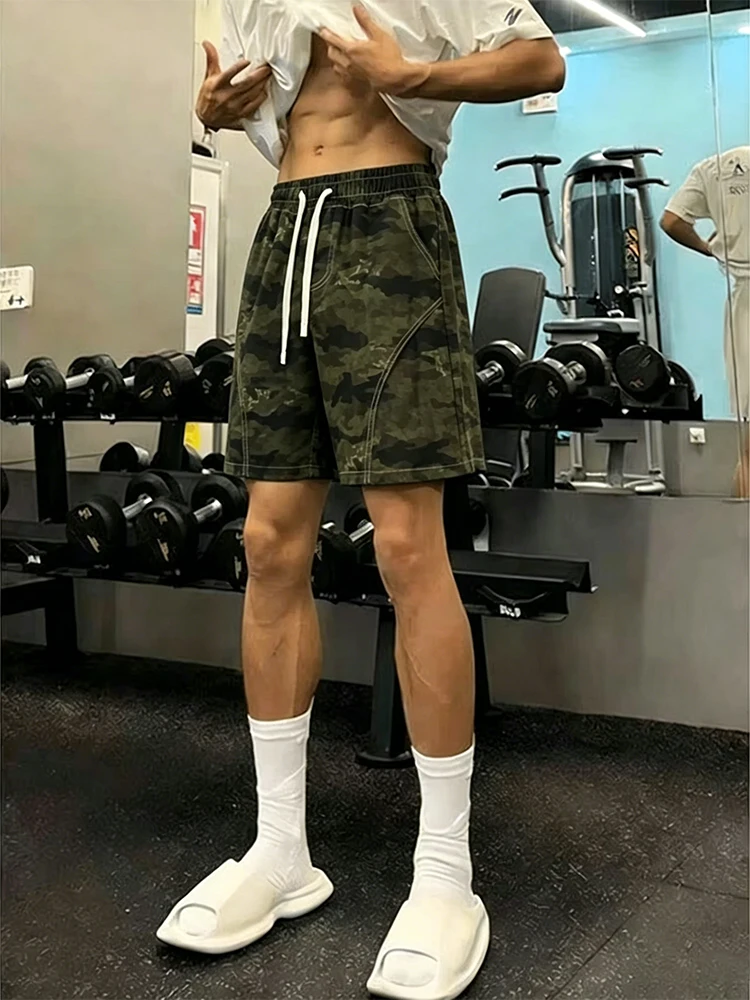 

American Retro Camouflage Denim Short Sleeve Men's Summer Casual Loose Sports Pants Low Waist Drawstring Youth Trend
