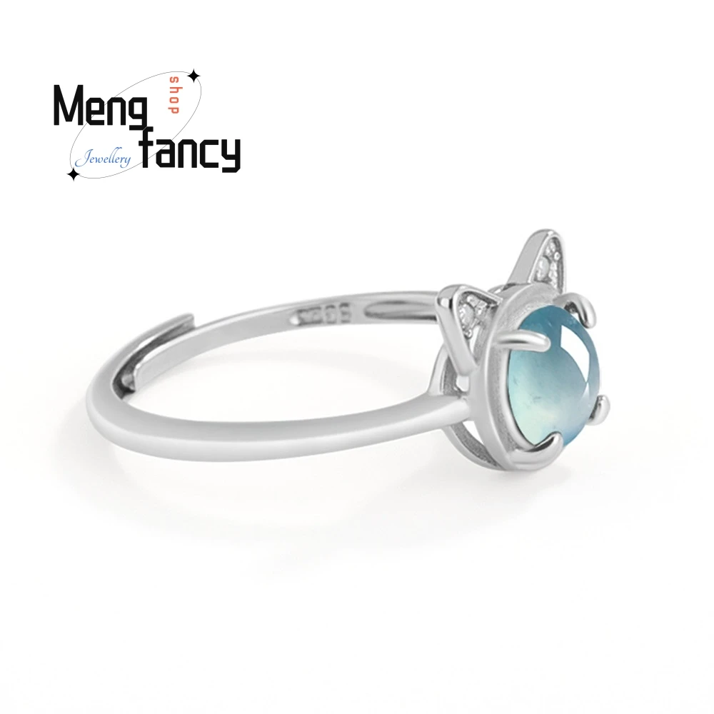 Natural A-grade Jade Blue Water Kitten Ring Cat Ice Type Jade S925 Silver-set Ring For Women Simple Adjustable Fashion Jewelry
