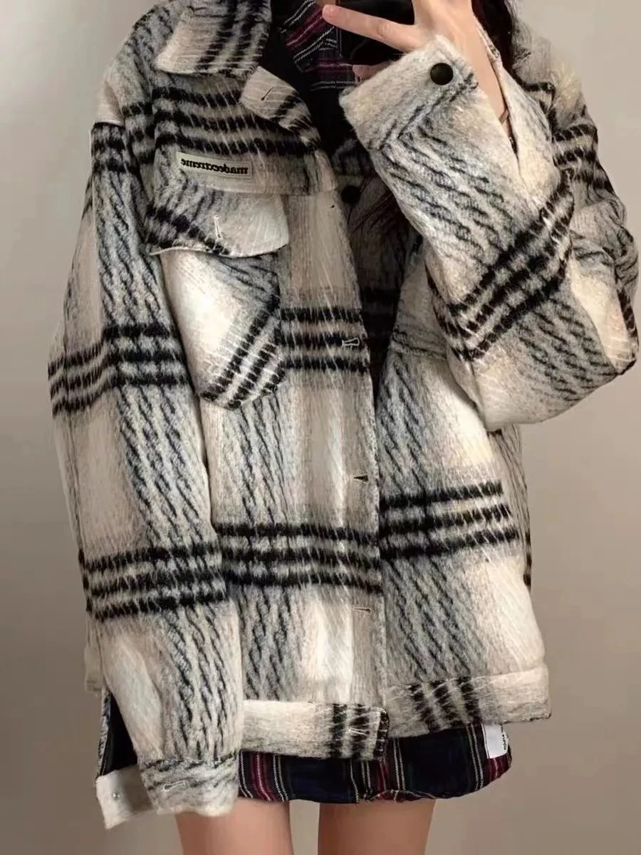 Woolen Coat For Women Small Stature Autumn And Winter High-end Sense Checkered Coat Popular Women's Hepburn Style Loose Jacket