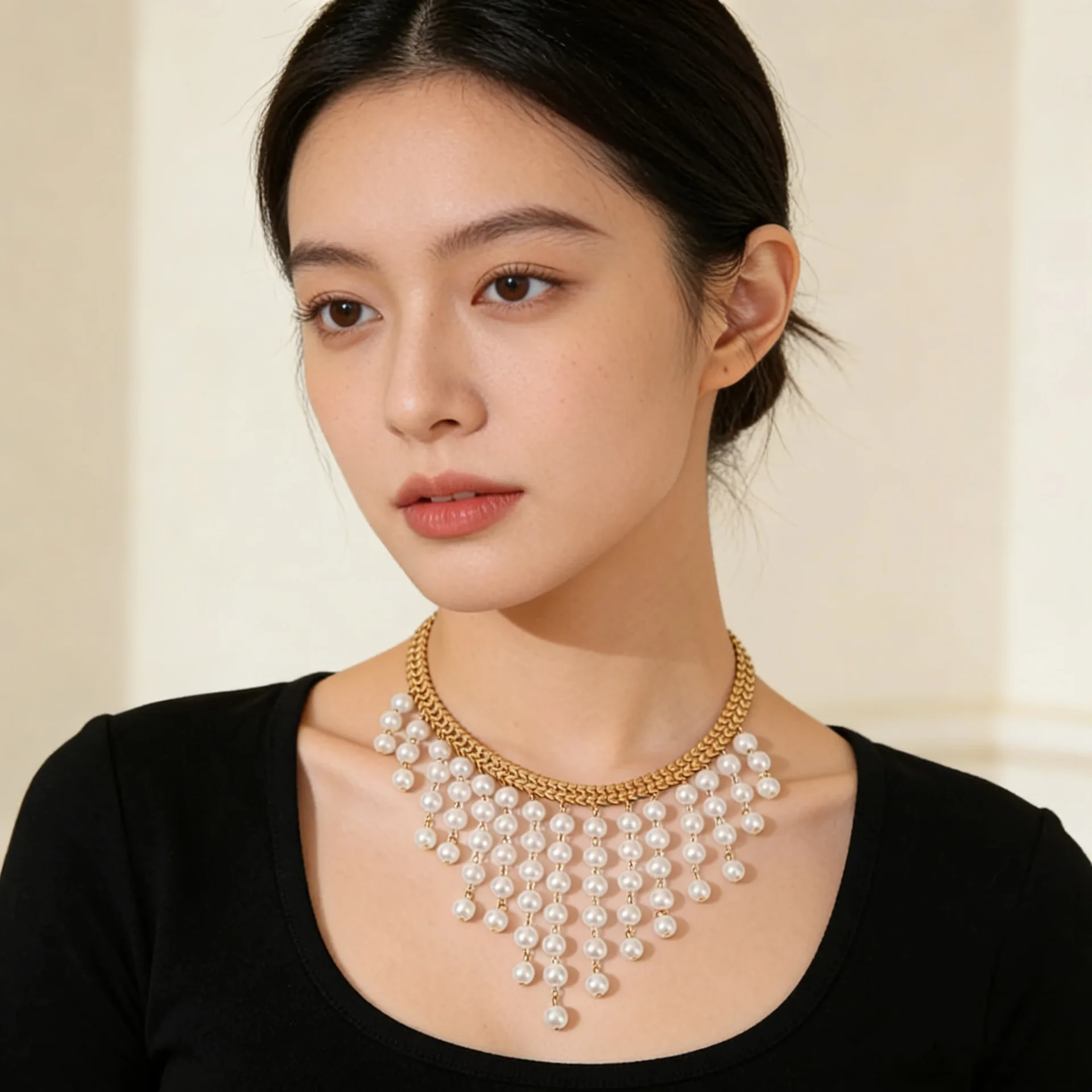 Dream Catcher Inspired Geometric Pendant Necklace in Imitation Pearl and Alloy with Electroplated Clavicle Chain for Women Trave