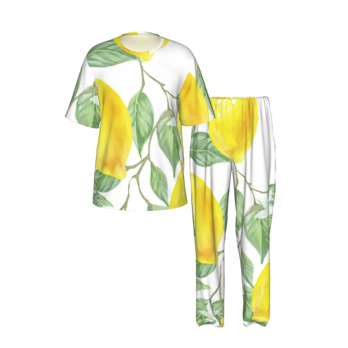 Men Pajamas Suit Short Sleeved Long Pants Lemon And Leaf Sleepwear Summer Home Clothing Set