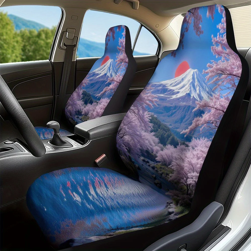 Set Of 2, Featuring Cherry Blossom And Mountain Designs, These Car Seat Covers Are Made With Soft Padding And Durable, Washable