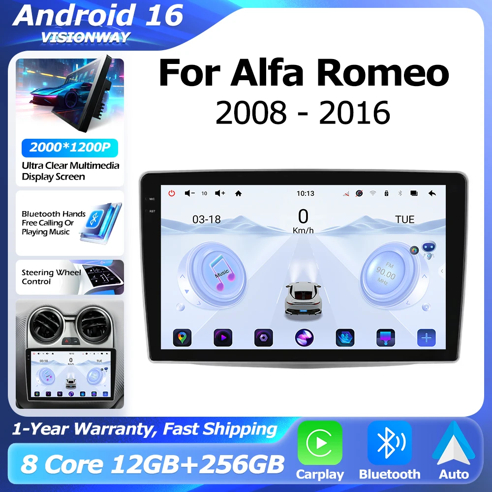Android 16 CarPlay inalámbrico para Alfa Romeo MiTo 955 2008-2016 navegación GPS reproductor Multimedia Auto WIFI 4G QLED 2000*1200P