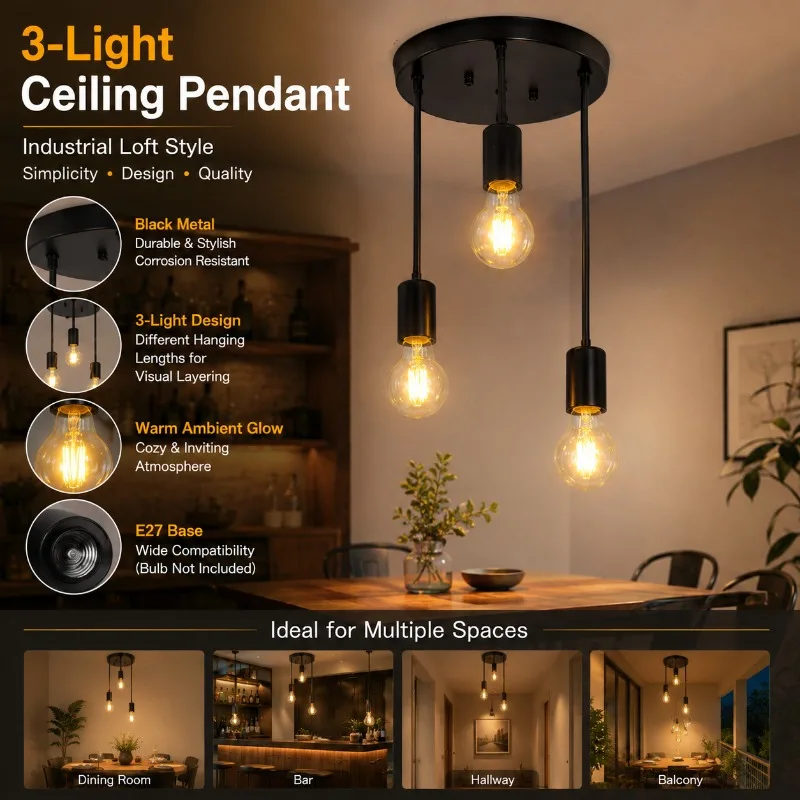 

Industrial Pendant Light 3 Head E27 Retro Lamp Black Gold Edison Bulb Fixture for Cafe Bar Restaurant Hallway Home Pendant Light