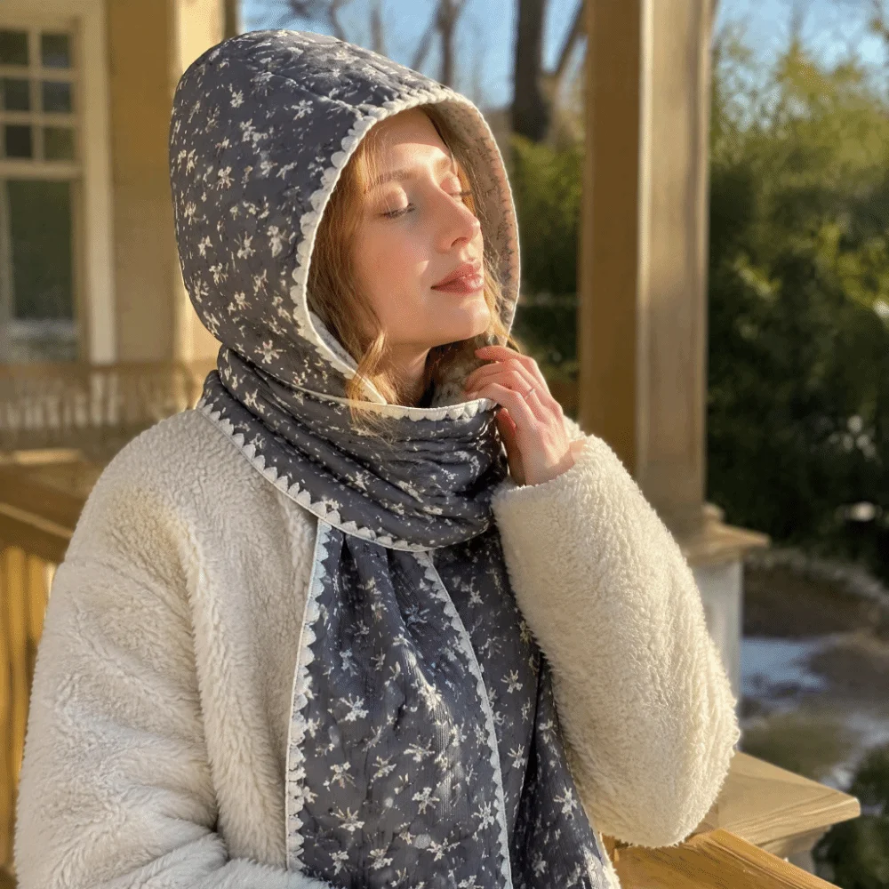 Vielseitiger, beidseitig tragbarer Winter-Schal-Mütze, warm, dick, mit Kapuze, Ohrenwärmer, Schal, Blumenmuster, verwandelbar, 2-in-1-Mütze-Schal, Damen – Detail 5