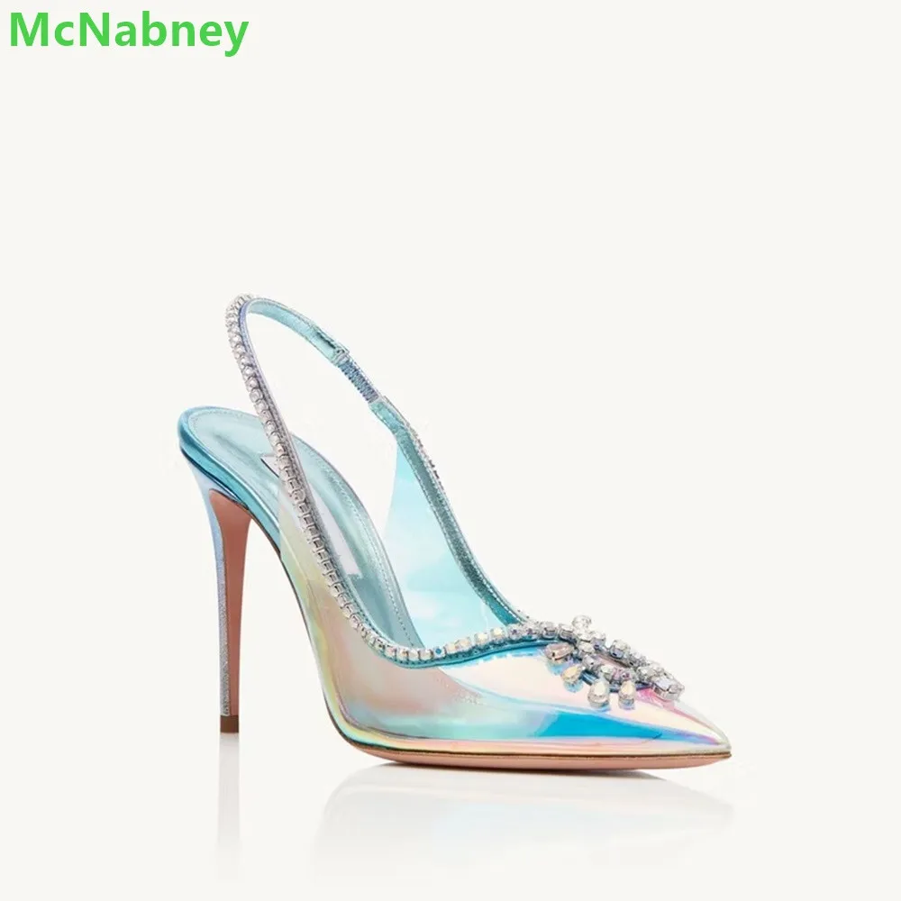 

Rhinestone Clear Pvc Slingback Pumps For Women 2024 New Pointed Toe Thin High Heel Sexy Shallow Fashion All-Match Shoes