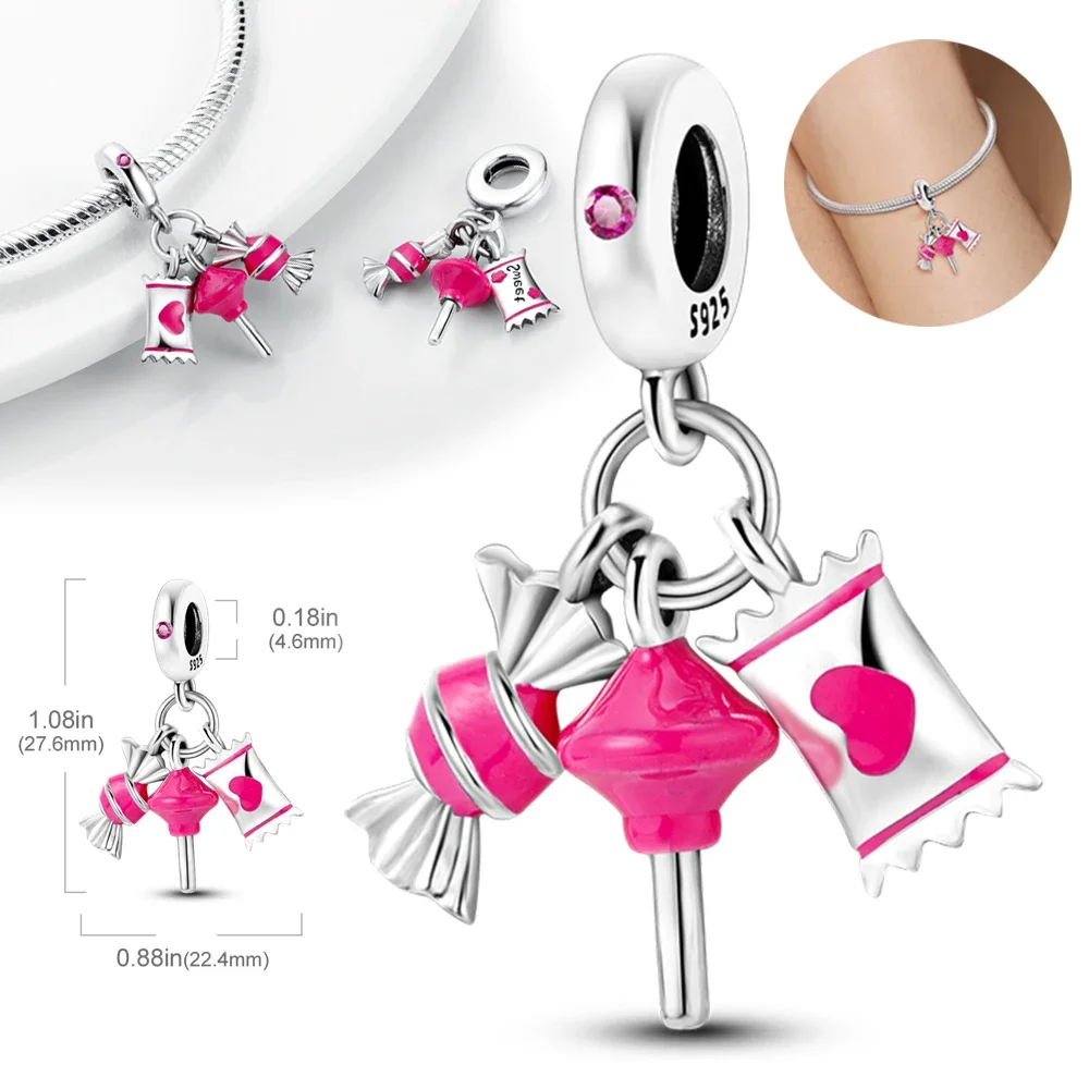 لطيف الوردي الحلو كاندي الخرز 925 فضة الخرز الأصلي صالح الأصلي 925 سحر خرز سوار مجوهرات هدايا للنساء