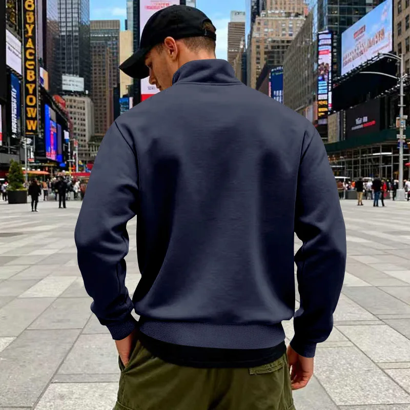 Grenzübergreifender Herbst- und Winter-Samt-Pullover für Herren, locker geschnitten, im Retro-Stil, lässig, mit Stehkragen, halbem Reißverschluss und Taschen für Pendler. – Detail 11