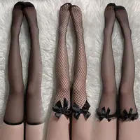 Chaussettes longues au dessus du genou pour femmes et filles, noires et blanches, bas en résille avec nœud papillon, cuisses hautes, gothique, Punk, dentelle, Legging en maille 1