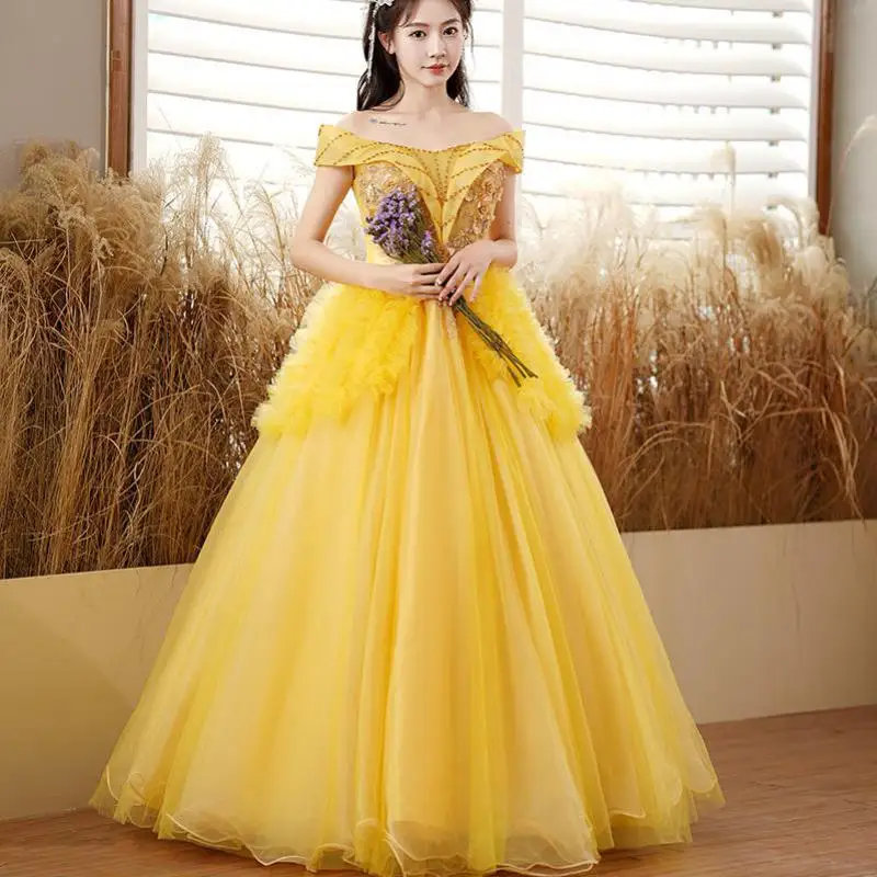 

Off The Shoulder Quinceanera Dresses Sweet Lace Applique Tulle Puffy Prom Dress New Elegant Long Yellow Vestido De Debutante
