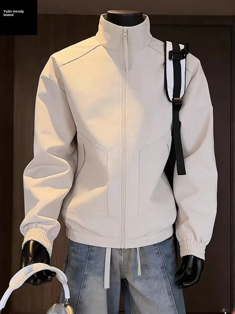 

Мужская куртка-бомбер цвета хаки с деконструированным воротником-стойкой, для активного отдыха, весна-осень, американский стиль, свободный крой, водонепроницаемая