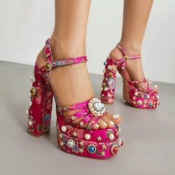 Sandalias de verano para mujer, plataforma impermeable, fondo grueso, remache de perlas de diamante, flor de satén, Punta abierta, tacón alto grande