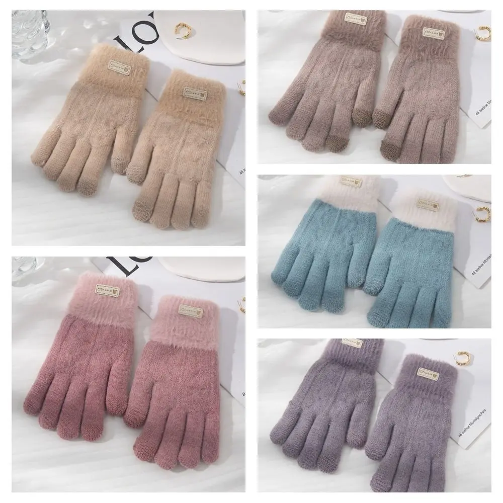 Touch Screen Plush Knitting Gloves Korean Style Five Finger Full Finger Mittens Cycling Gloves Windproof Cycling Driving Gloves