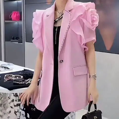 Women's Pink Chiffon Coat, Summer Suit lady Blazers