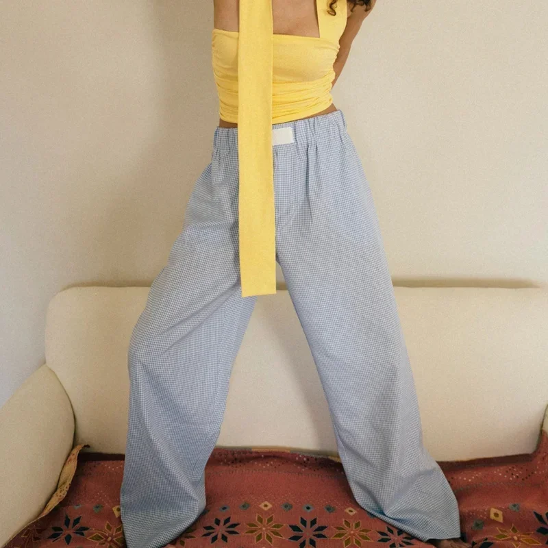Pantalon à carreaux taille haute élastique pour femme, jambe large, vêtements de détente des années 2024, mode estivale, fjwith Pockets, Y2K, 2000