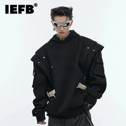 IEFB Niche Deconstruction Double Shawl Hoodies Men's Wear High Street Metal Rivets Design Loose Sweatshirt Male  2024 24E1821