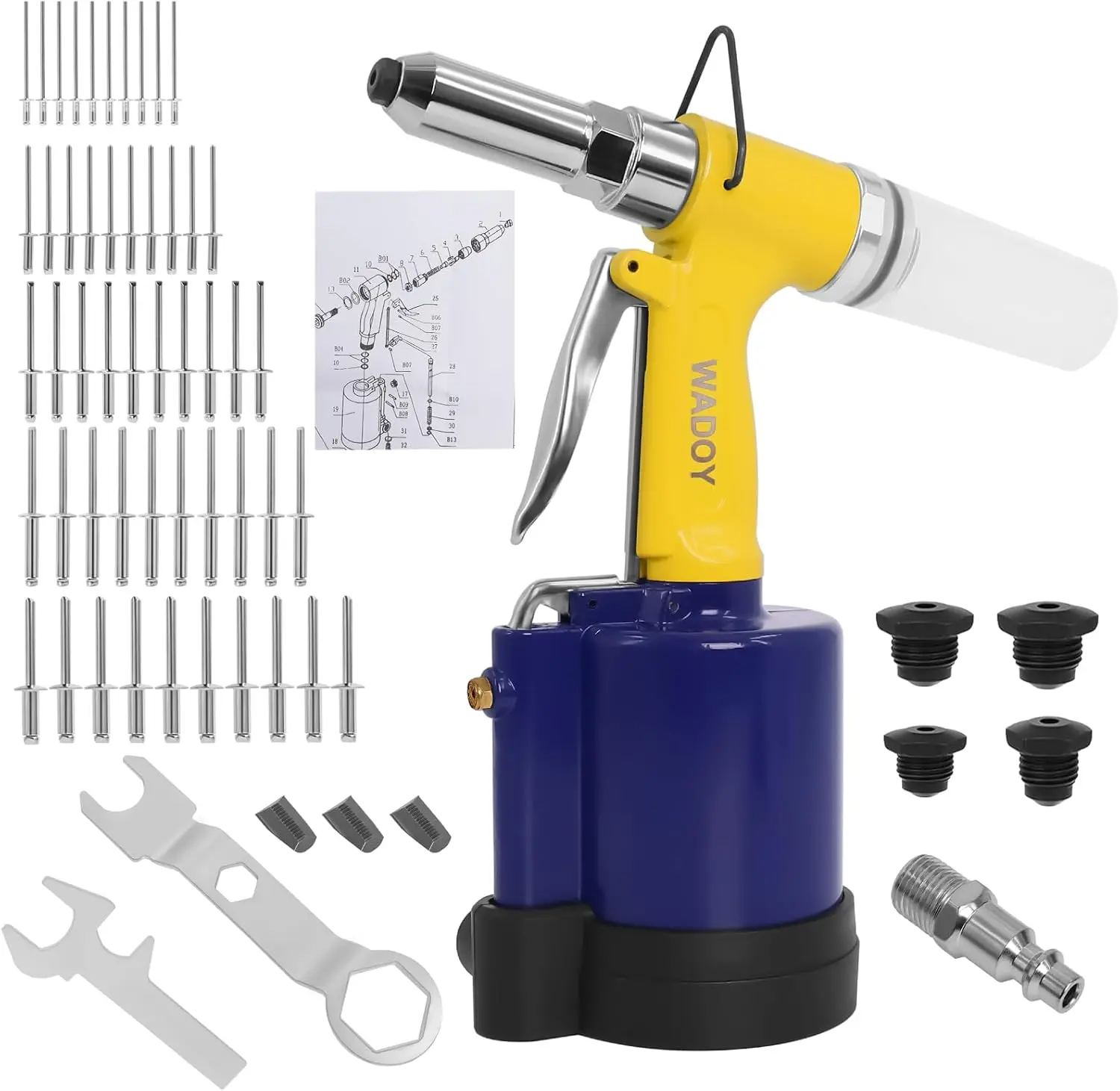 Rivet Gun Air Pop Riveter Gun Tool Kit 1/4" 3/16" 5/32" 1/8" and 3/32" Capacity Nosepieces with 50PCS Rivets Upgrade Pop Pneumat