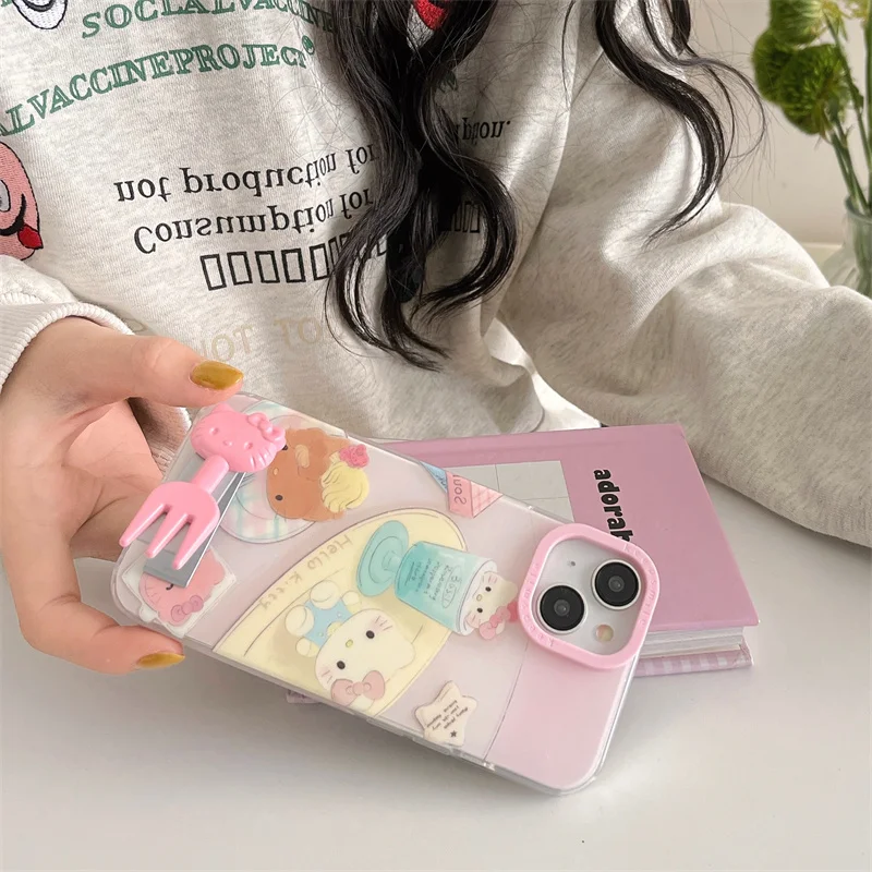 Cute Creative Beverage Cake Hello Kitty Phone Case For iPhone 15 14 13 Pro Max Funny Cartoon Pink Kitty Fork Holder Cover