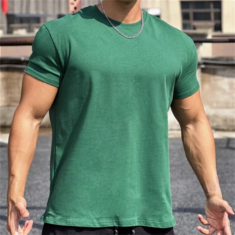 Męska koszulka na siłownię Odzież treningowa 100% bawełna Elastyczna, oddychająca koszulka w jednolitym kolorze Casual Big Muscle Short Sleeve