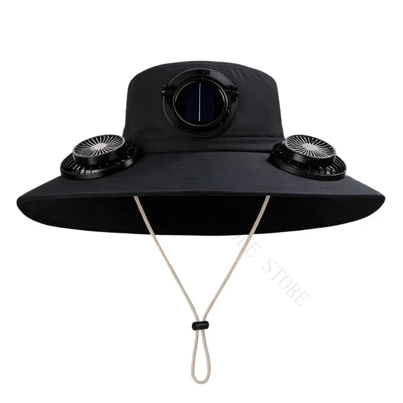 R7UF Outdoor Cooling Fan Hat Solar Assisted USB Sun Hat with Chin Cord for Garden Work Fishing Camping in Summer Weather Plans