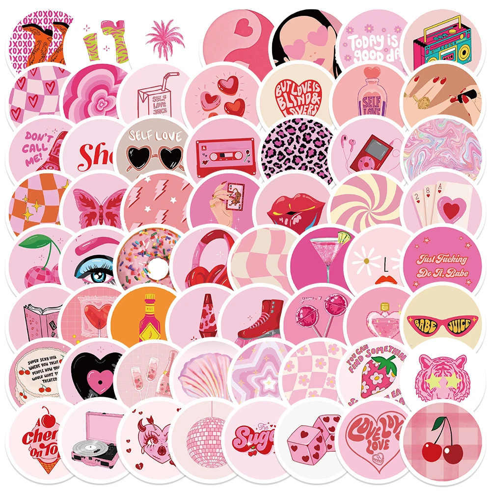 60PCS 90s American Pink Groovy Graffiti Stickers DIY Decorative Journal Luggage Notebook Car Diary Waterproof Girl Stickers Toy