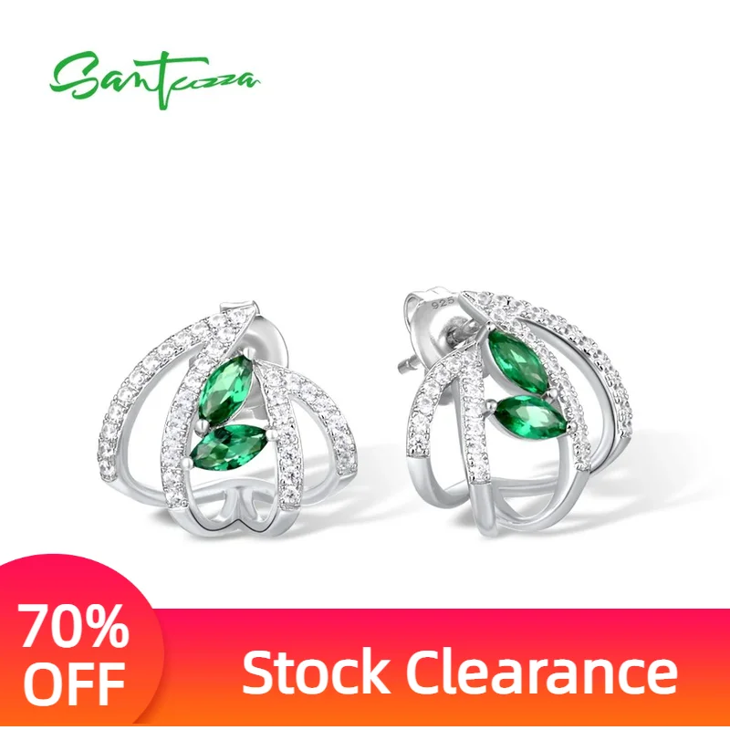 SANTUZZA Authentic 925 Sterling Silver Stud Earrings For Women Sparkling Green Stones White Cubic Zirconia Delicate Fine Jewelry