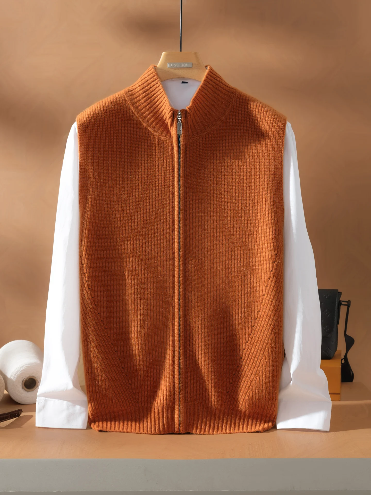 100% Cashmere Cardigan Vest Sweater Autumn Winter Men Mock Neck Zipper Sleeveless Soild Smart Casual Knitted Waistcoat High-end