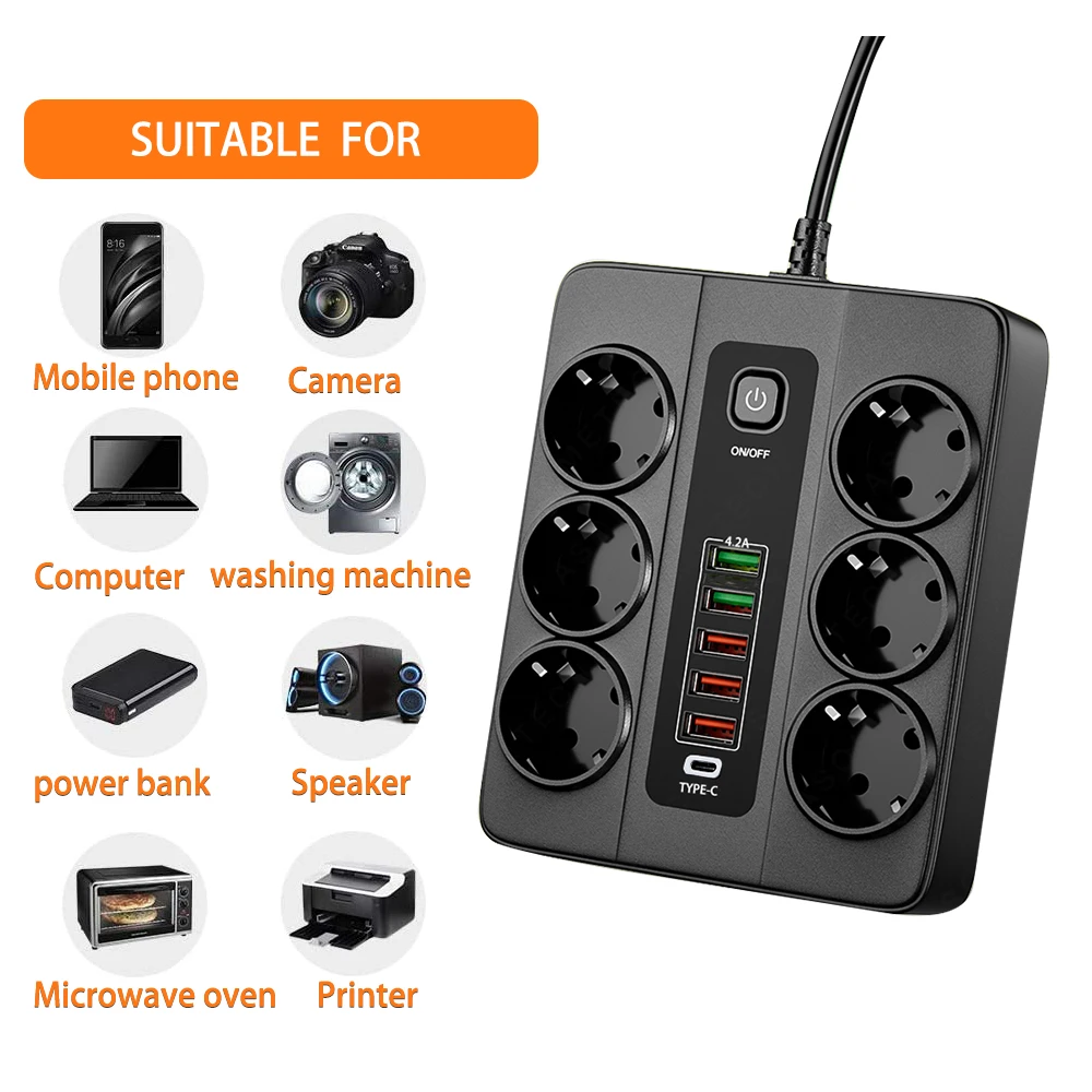 3000W EU Plug Strip Socket USB Power Strip USB Charge Station Adapter 6 AC Outlets Power Strip With Switch Extension Socket