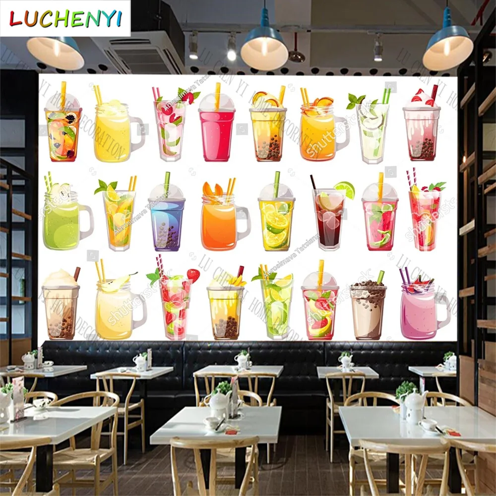 

Custom fruit tea juice mural wallpaper restaurant healthy cold drinking shop dining room wall papers home decor sticker