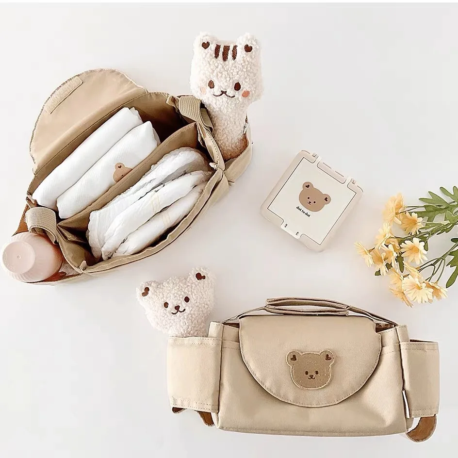 Fashionable Baby Stroller Storage Bag, Cute Teddy Bear Head Embroidered Stroller Bag, Baby Stroller Hanging Storage Bag