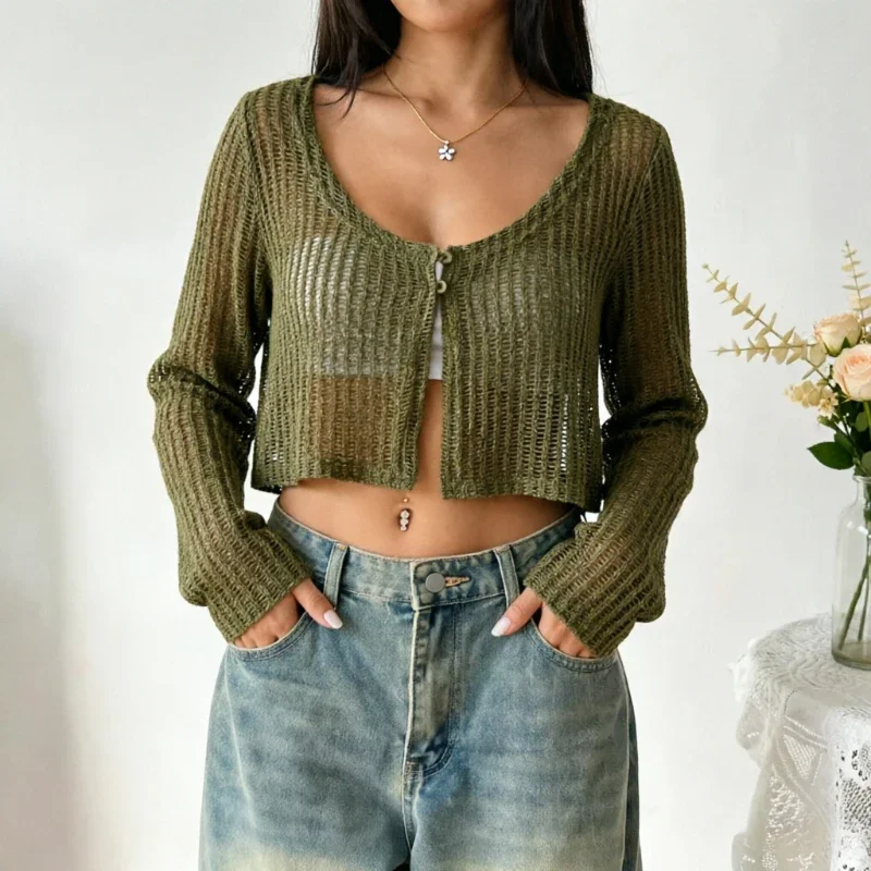 

Women's Open Stitch Crop Cardigan Long Sleeve Two-Button Front See Through Mesh Shrug Short Jacket Grunge Streeetwear