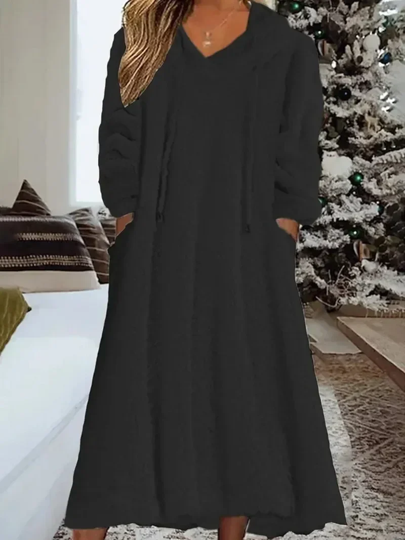 2023 Autumn Women\'s Long Dress Velvet Long Sleeve Hooded Homeclothes Dresses Female Winter Warm Fashion Loose Clothing Ladies