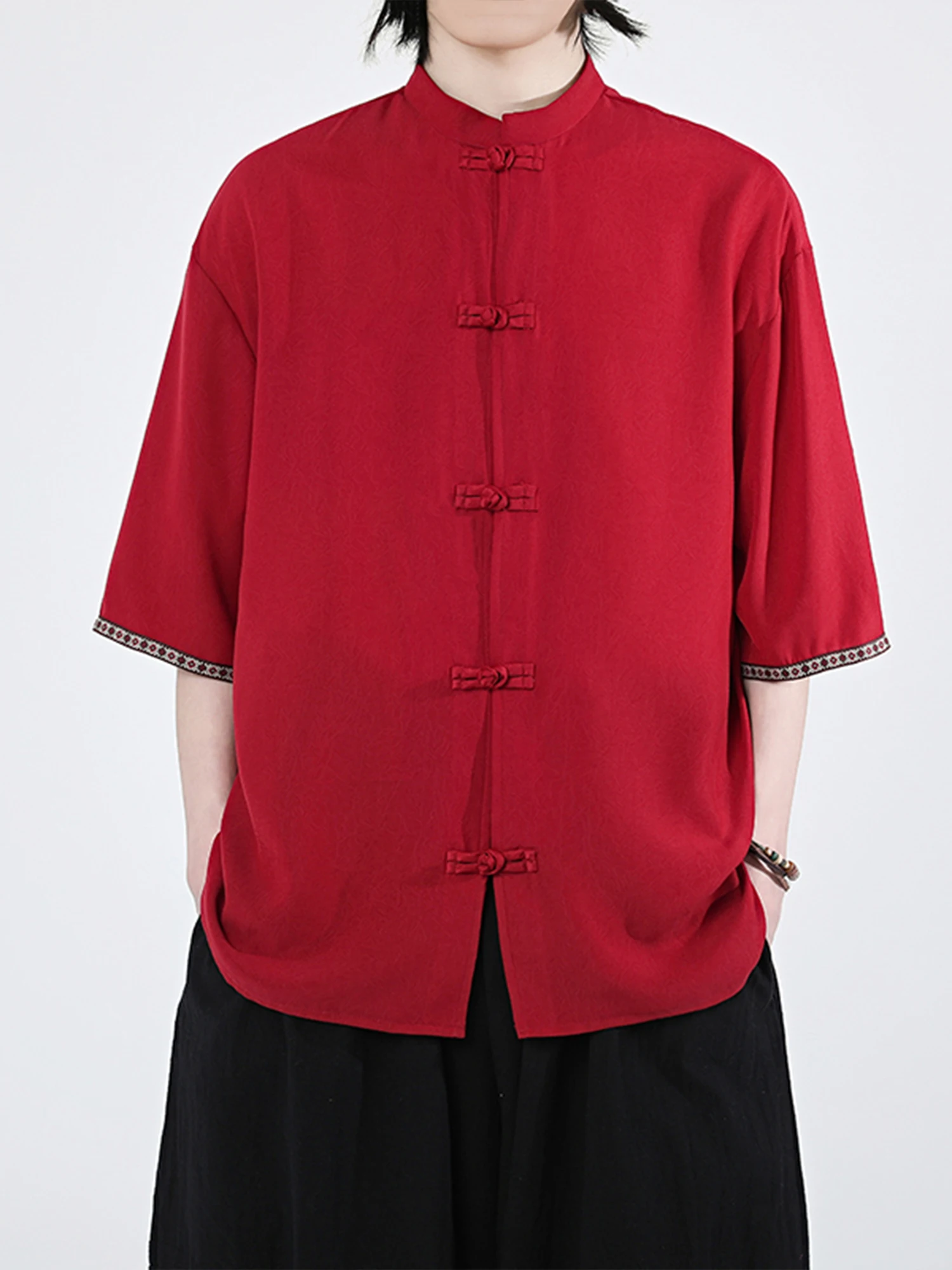 

Ice Silk Hanfu irt Button up Loose Fit ort Sve Stand Collar Summer New Sle Retro Bule Men's Loose Large Size Top