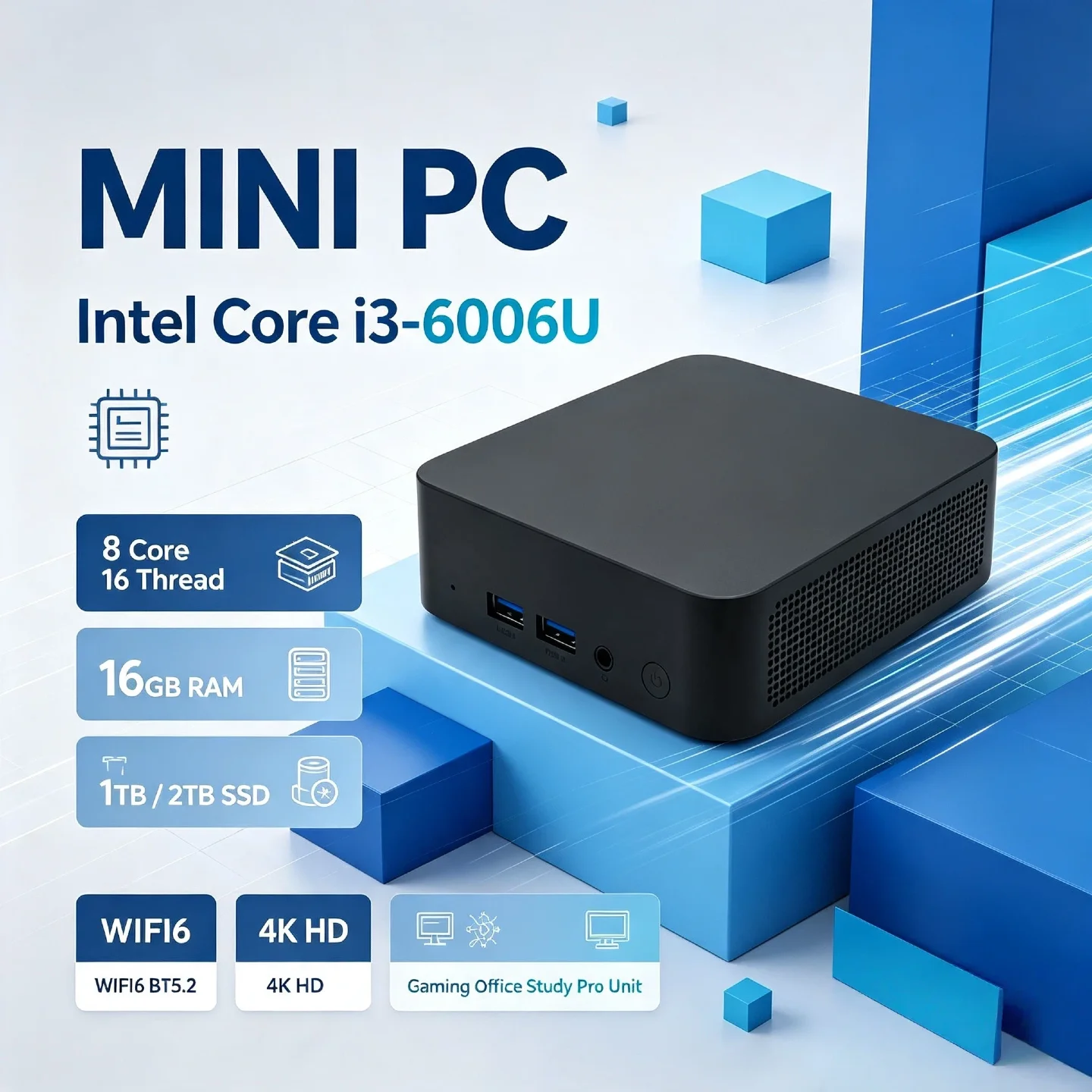 Intel Core i3 6006U Mini PC 16GB RAM 1TB 2TB M.2 NVMe SSD WiFi 6 BT5.2 Low Power Pro Desktop Unit
