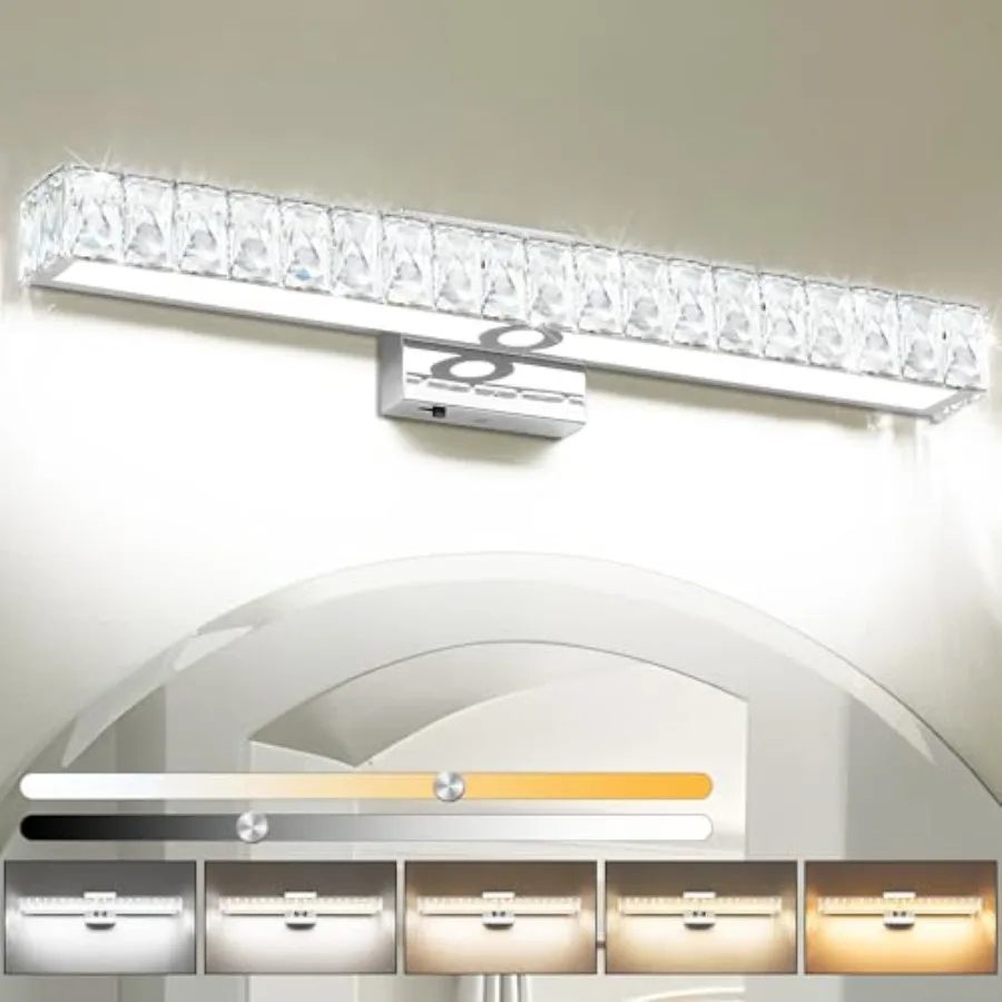 

Crystal Bathroom Lighting Fixtures Over Mirror, 24 Inch Chrome LED Vanity Light, 5 Color Adjustable 5CCT