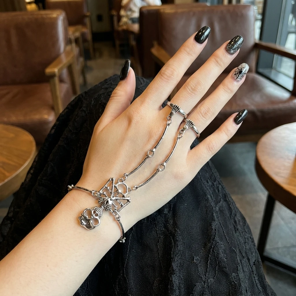 Gothic Skull Ring - Gothic Skeleton Hand Chain Bracelet Ring