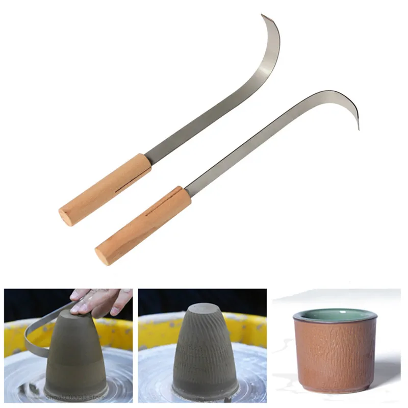 Pottery Stainless Steel Jump Knife Wooden Handle Curved Repair Knife DIY Ceramic Texture Rough Shape Carving Pottery Tool