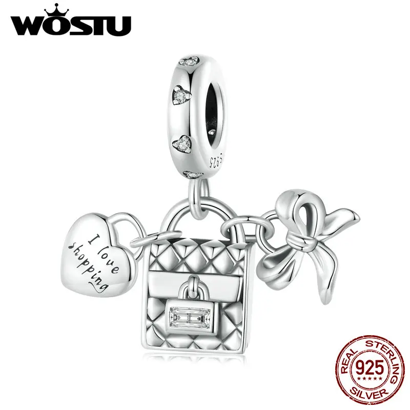 WOSTU 925 Sterling Silver Lady Love Shopping Pendant Heat Bag Charms Bead Fit Original Bracelet DIY Necklace Jewelry Making Gift