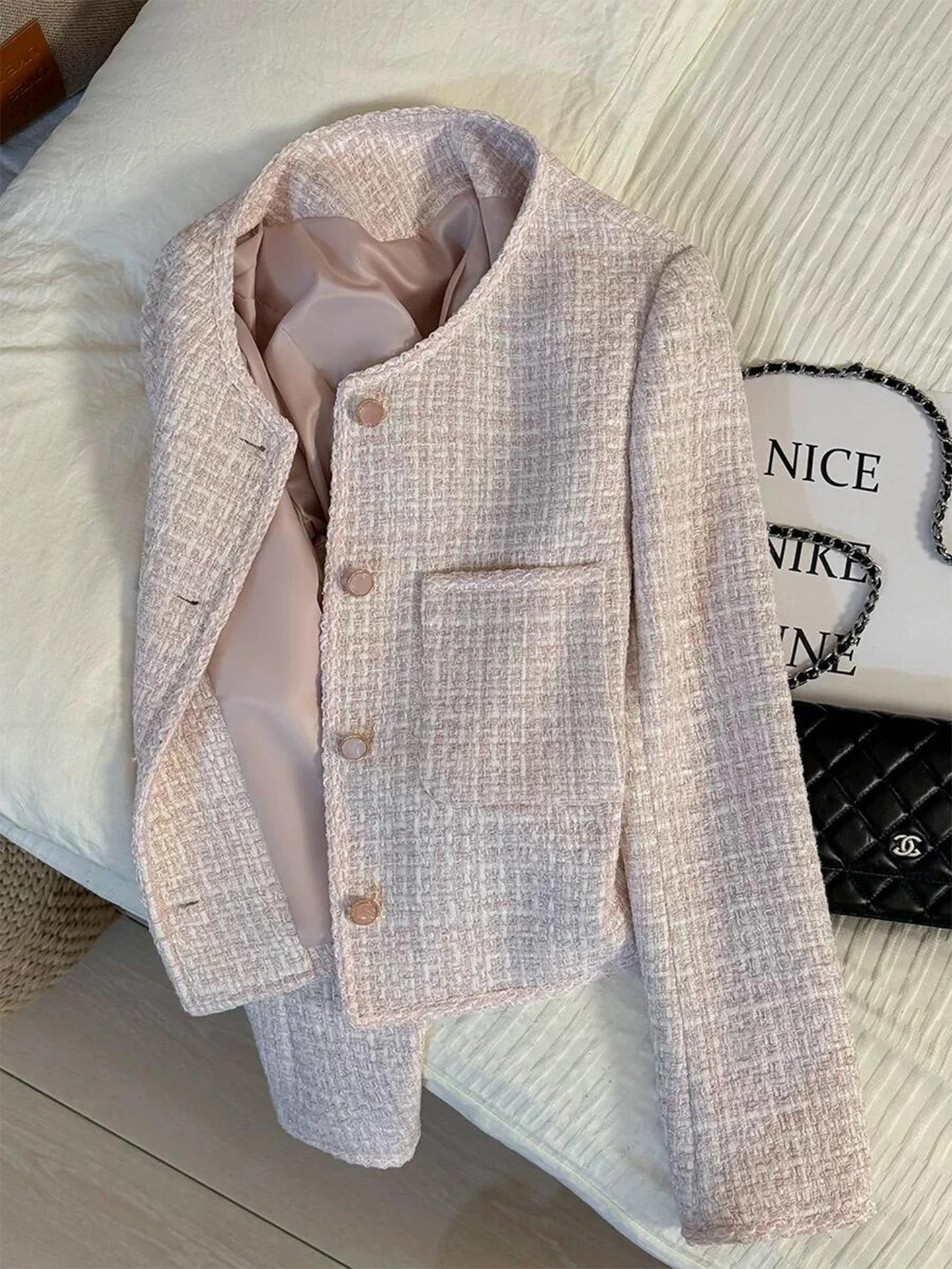 

Autumn 2025 Women's Loose Fit Tweed Jaet Sli Design Slimming Versatile Name Lady Top High Waist Commute Sle Long Sve