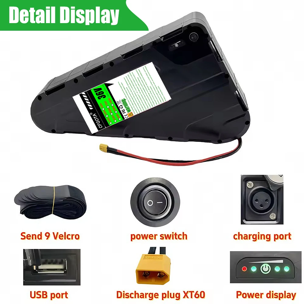 Air transportation, with BMS triangular pack battery 36V 20AH-100AH large capacity, suitable for mountain bikes, 500W-2000W