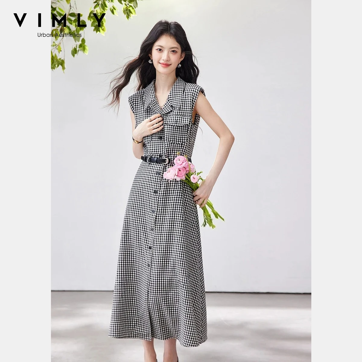 

VIMLY Women's Vintage Plaid Sleeveless A-Line Dress 2026 Summer New Casual Office Symmetrical Pocket Slim Tank Maxi Dress 30860