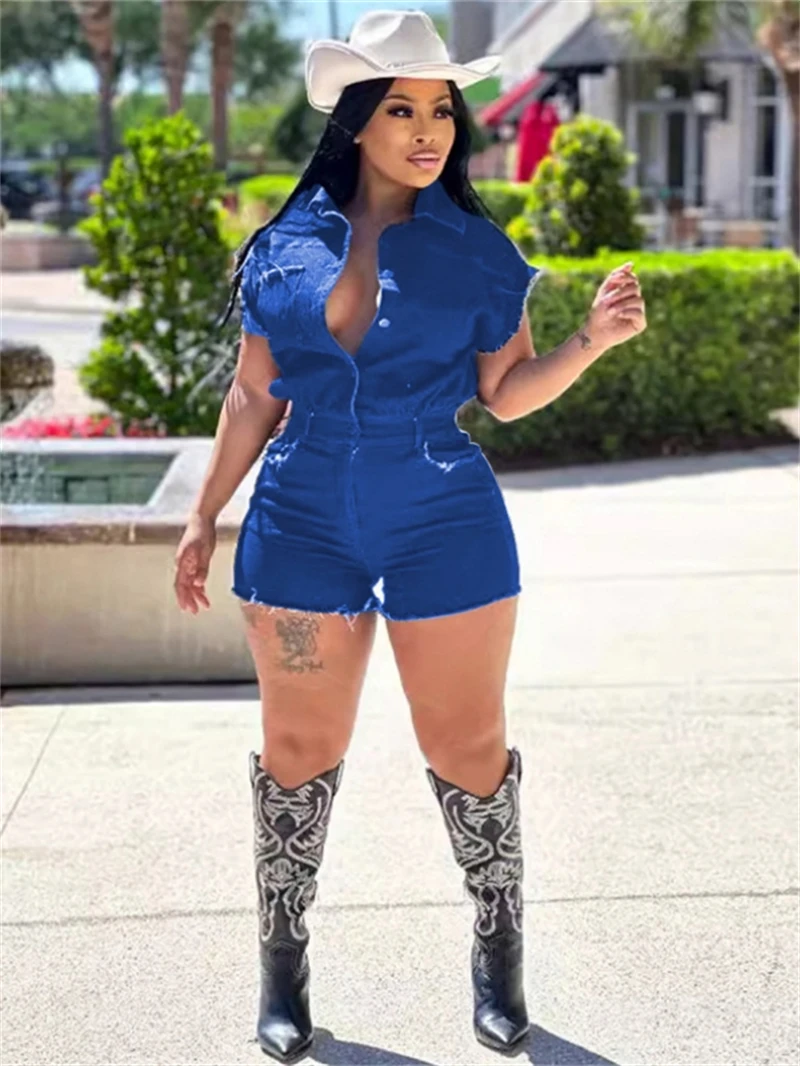 

Cowboy Jean Shorts Jumpsuits Summer Clothes Women 2024 Sleeveless Button Up Denim Rompers Playsuits One Pieces Overalls Outfits