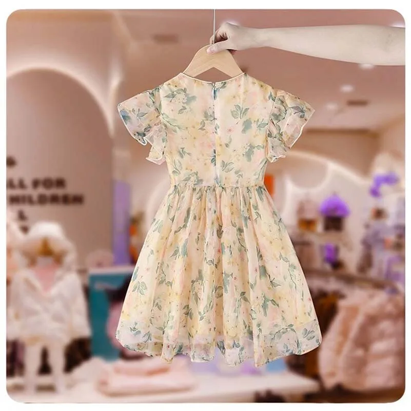 Summer Girls\' Kid Clothes Baby Clothing Full Print Sweet Pan Button V-neck Dress Princess Dress Baby Dress