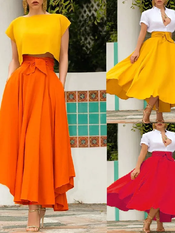 

Women's High Waist Belted Maxi Skirt Ele Office Wear Long Skirt Simple Color A-Line f Body Skirt