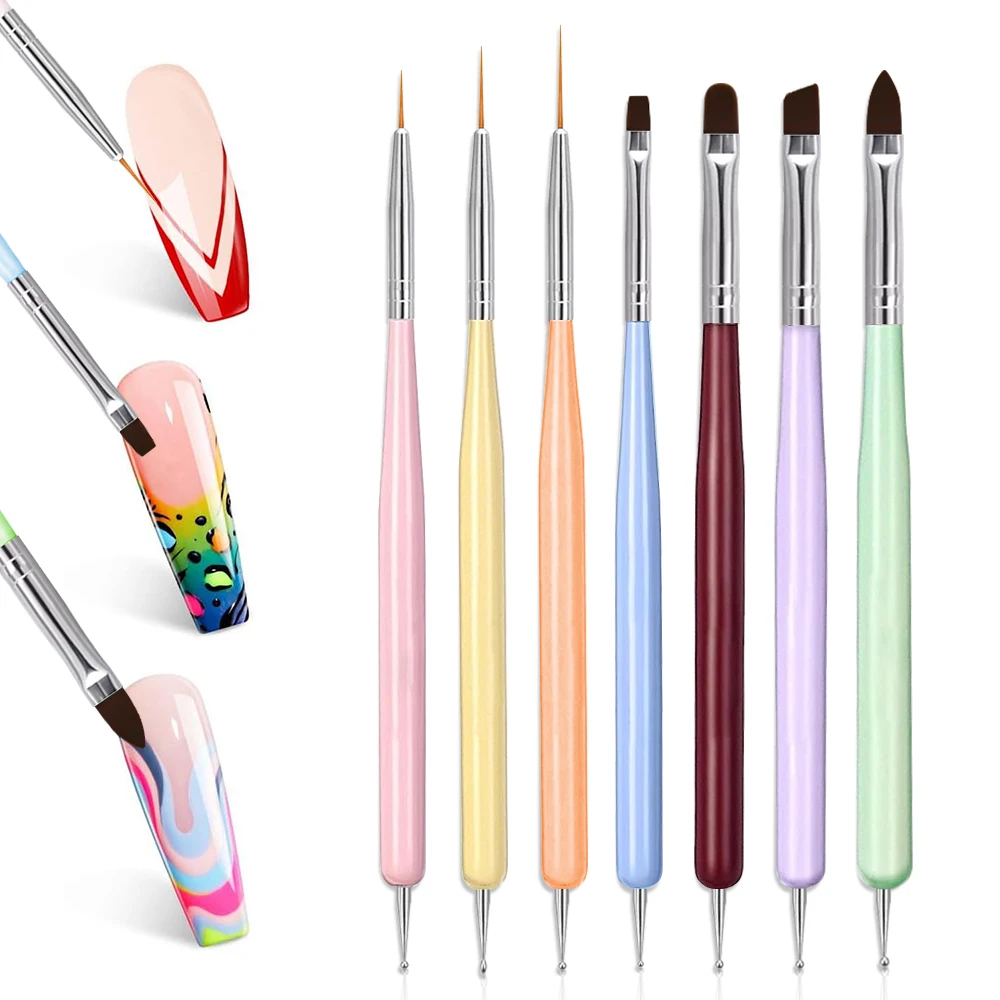 7PCS Nail Art Brush Set Double Ended Liner Dotting Pen UV Gel Acrylic Ombre French Painting Drawing Manicure Kit Salon Home DIY