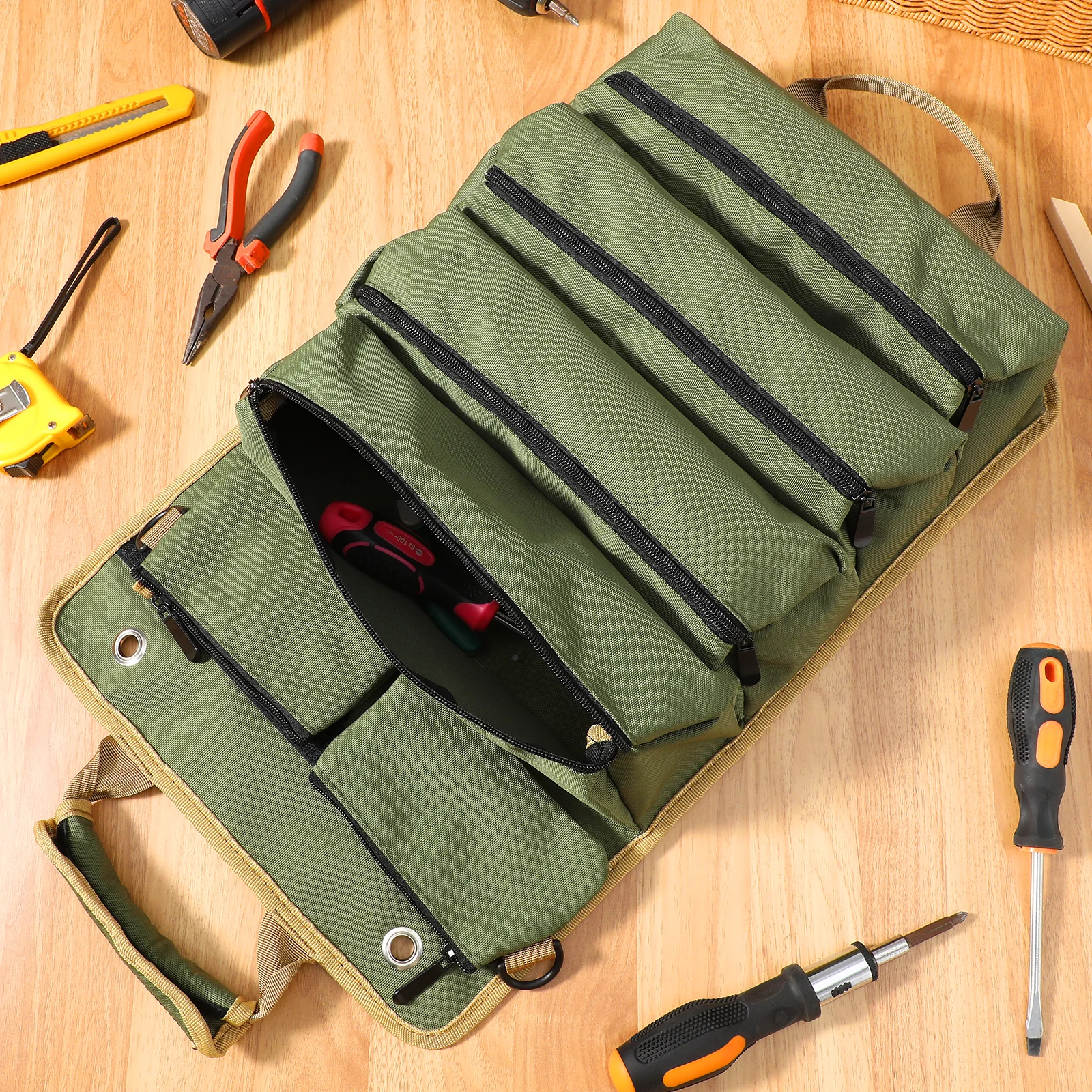 

Military Green Durable Oxford Tool Storage Bag Large Capacity Roll Up Organizer Electricians Hardware Woodworking Tools Pouch